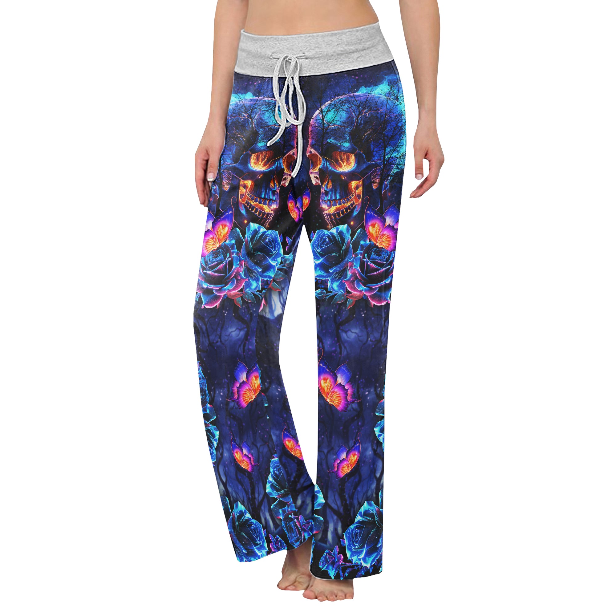 Dark Blue Effect Skull Women's High-waisted Wide Leg Pants | Wonder Skull