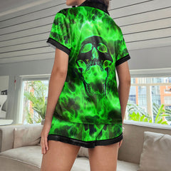 Green Faming Skull Women's Pajama Sets Top Sleeve & Short Bottom