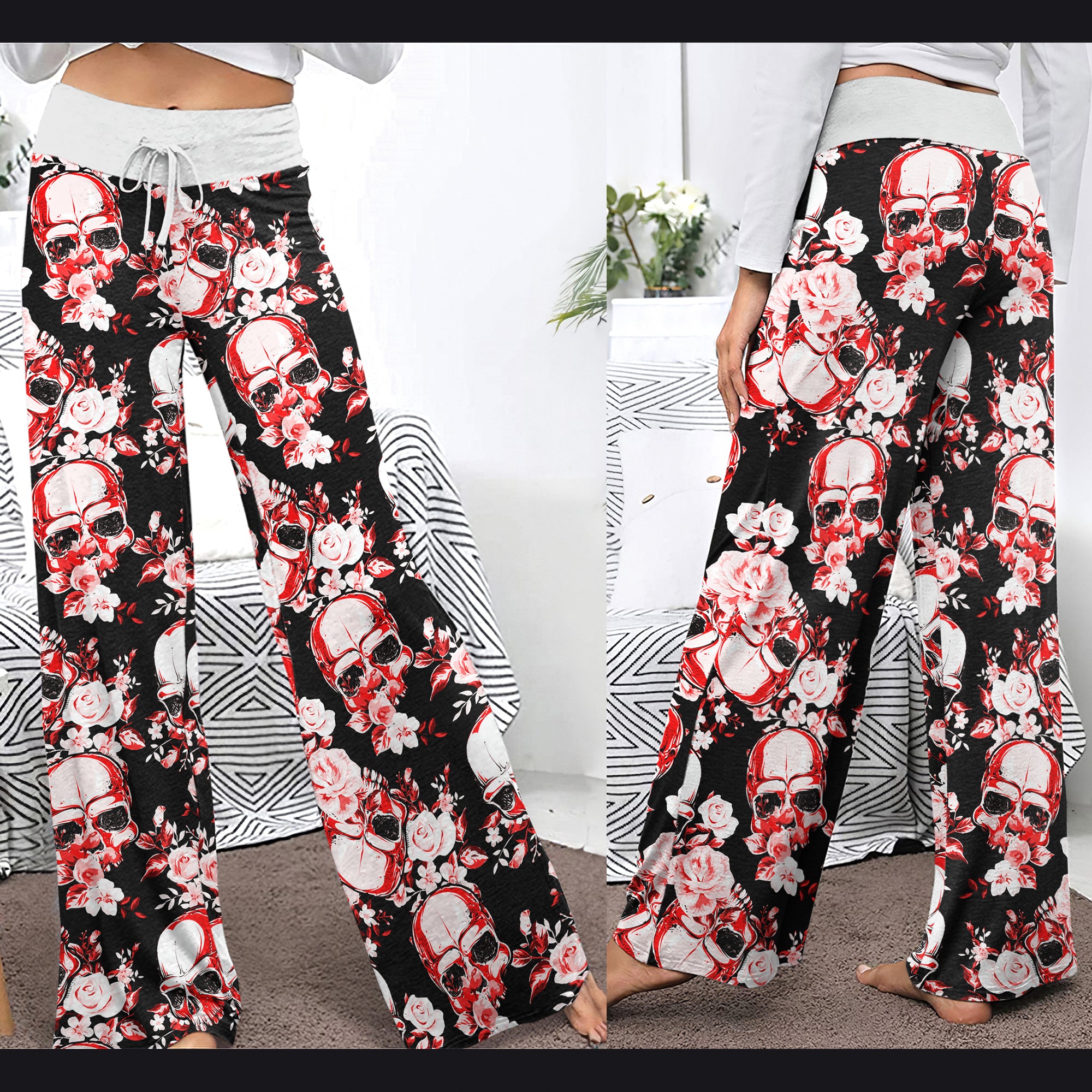Floral Skull Abstract Women's High-waisted Wide Leg Pants | Wonder Skull