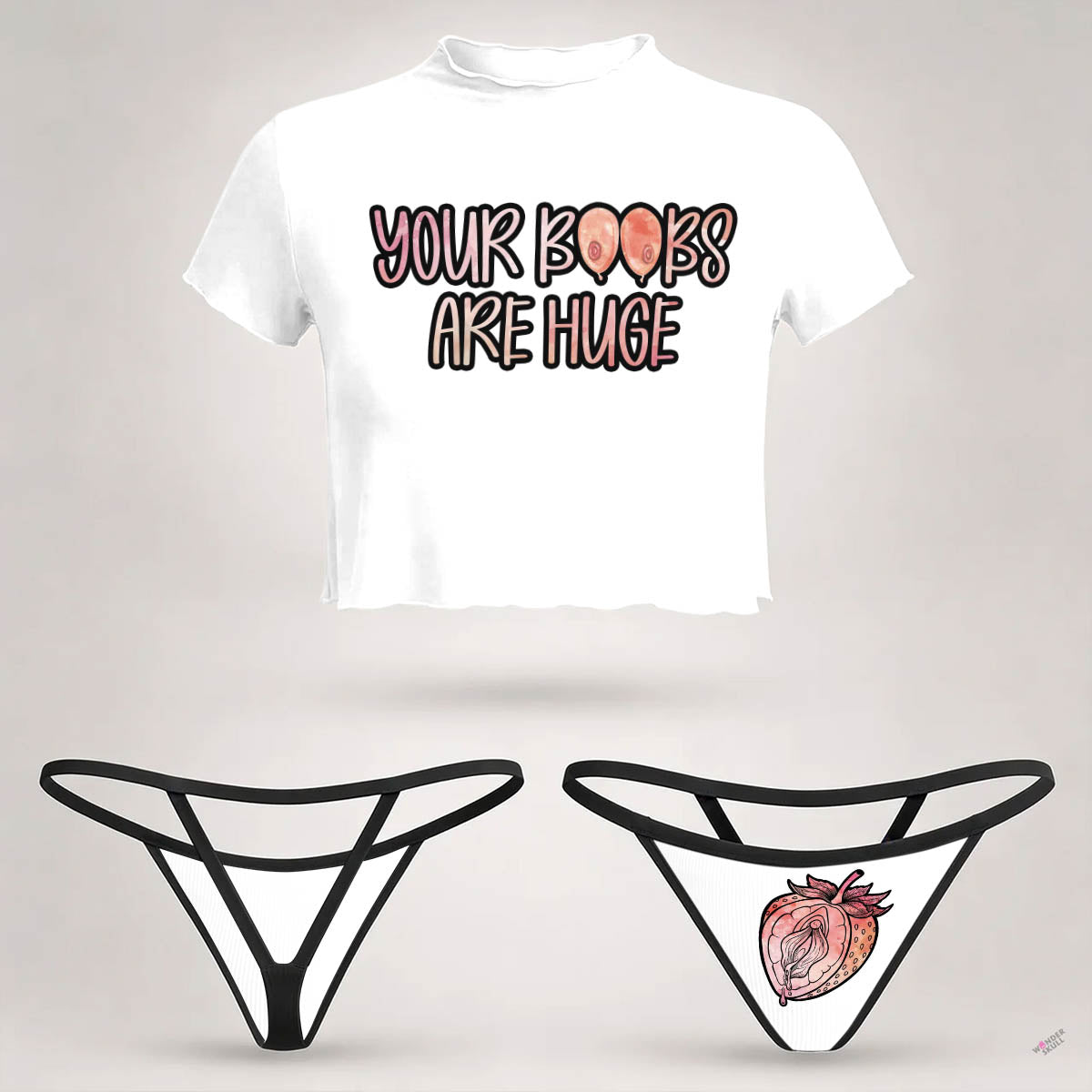 Wonder Skull sheer mesh crop top and thong set delivers the perfect balance of comfortable and confident. Ultra-lightweight mesh fabric breathes freely against your skin while stretching gently to hug your natural curves without any restrictive squeezing. Playful lettuce edge trim at the neckline, sleeves, and hem adds cute feminine detail with soft ruffled texture. The flattering cropped length hits perfectly above your waist, creating an elongated silhouette that makes you feel amazing. Whether you're we