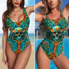 One Piece Bikini Floral Inferno Skull Print Swimwear