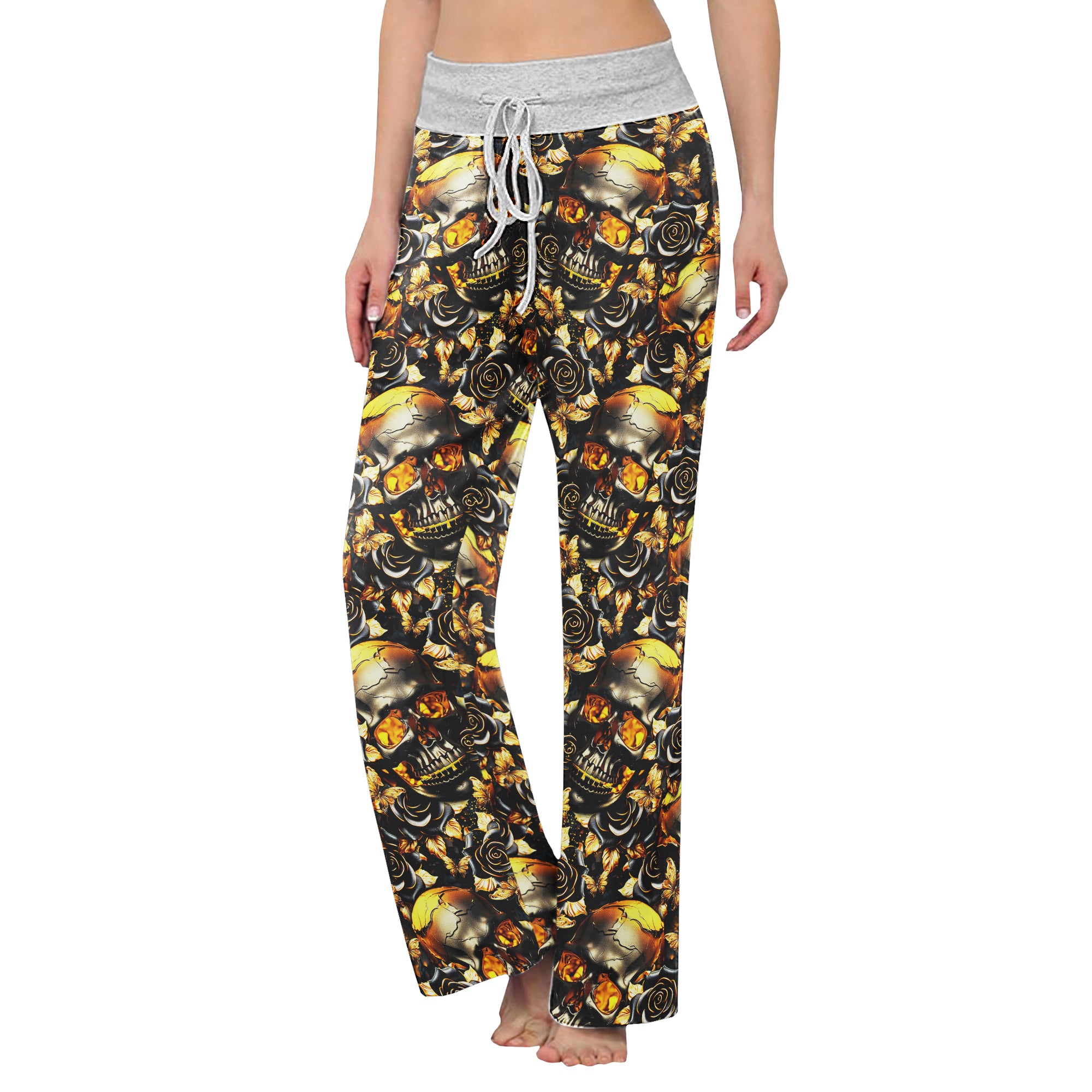 Gold Skull Silver Rose Women's High-waisted Wide Leg Pants | Wonder Skull