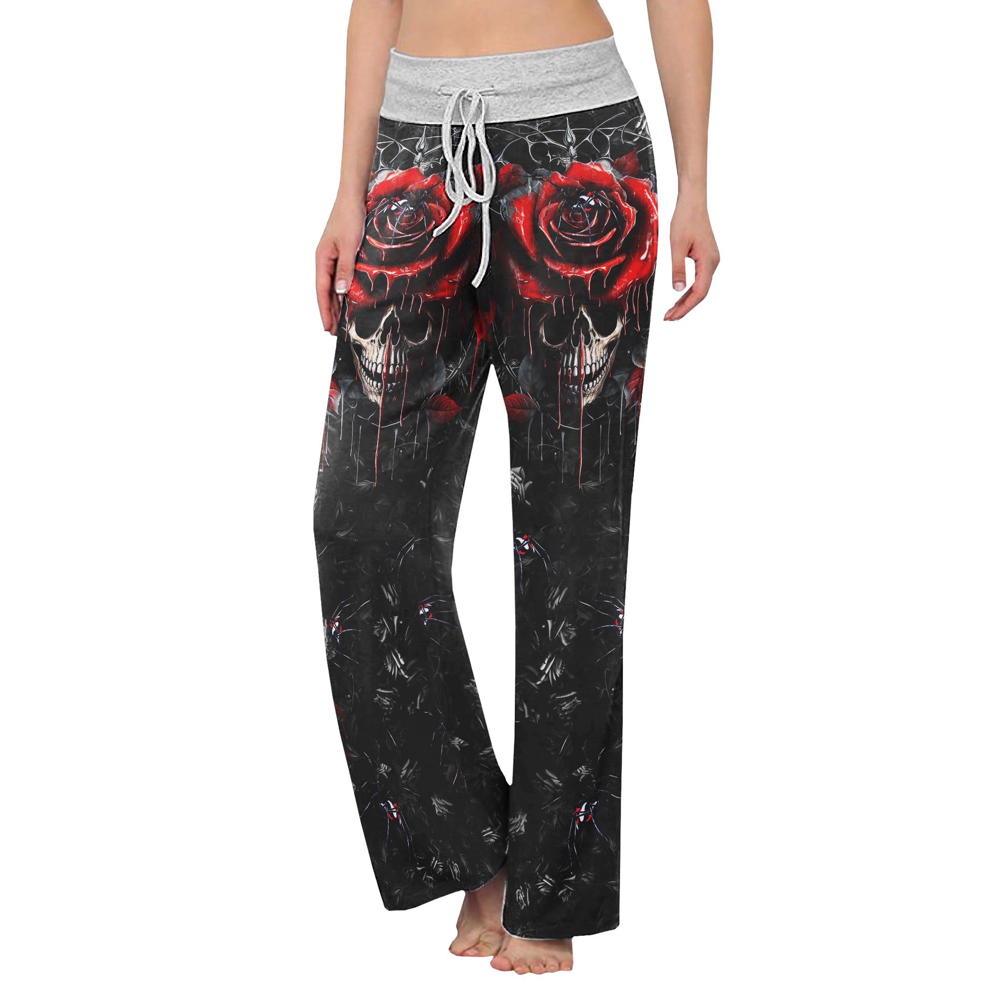 Dark Gothic Skull Rose Women's High-waisted Wide Leg Pants | Wonder Skull