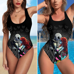 One Piece Bikini Couple Gothic Romance Print Swimwear
