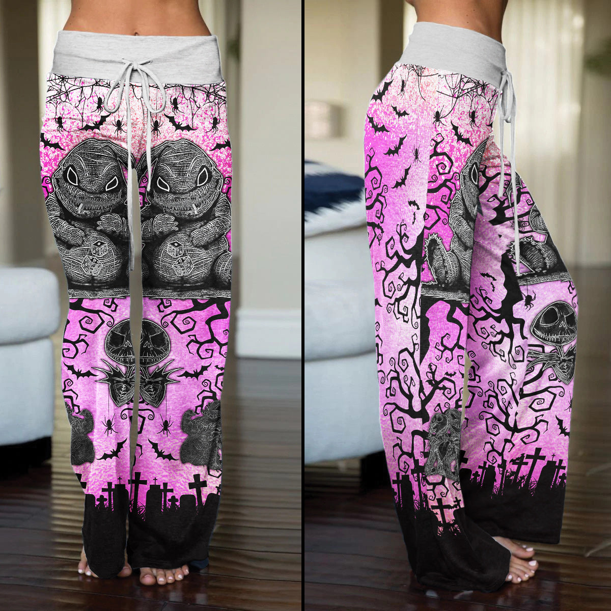 Pink Nightmare Bat Theme Women's High-waisted Wide Leg Pants | Wonder Skull