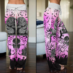 Pink Nightmare Bat Theme Women's High-waisted Wide Leg Pants | Wonder Skull