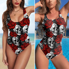 One Piece Bikini Velvet Shadow Skull Rose Print Swimwear