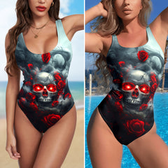 One Piece Bikini Red-Eyed Skull Rose Print Swimwear