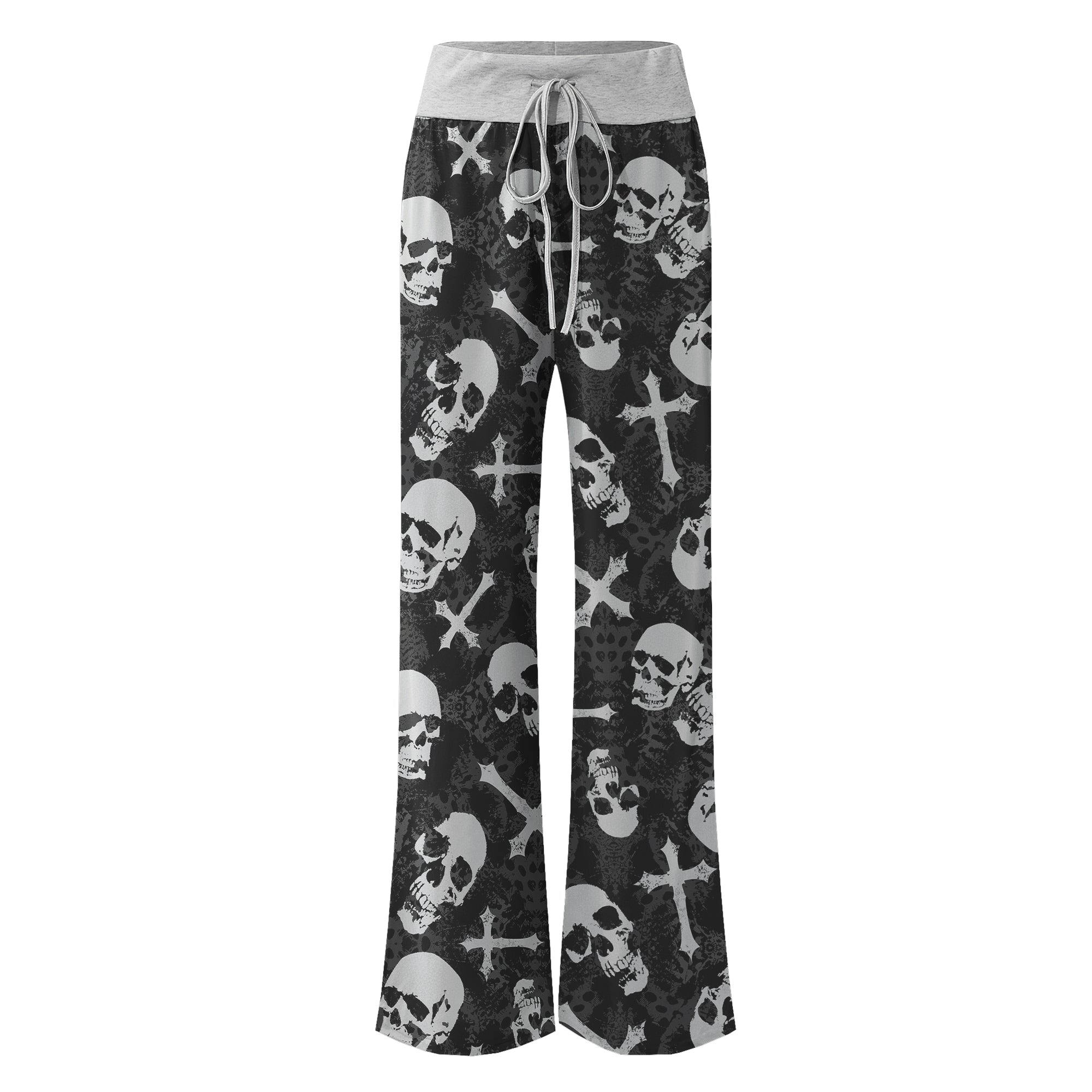 Black Skull Cross Gothic Women's High-waisted Wide Leg Pants | Wonder Skull