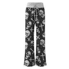 Black Skull Cross Gothic Women's High-waisted Wide Leg Pants | Wonder Skull