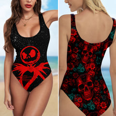 One Piece Bikini Crimson Bloomed Bones Print Swimwear