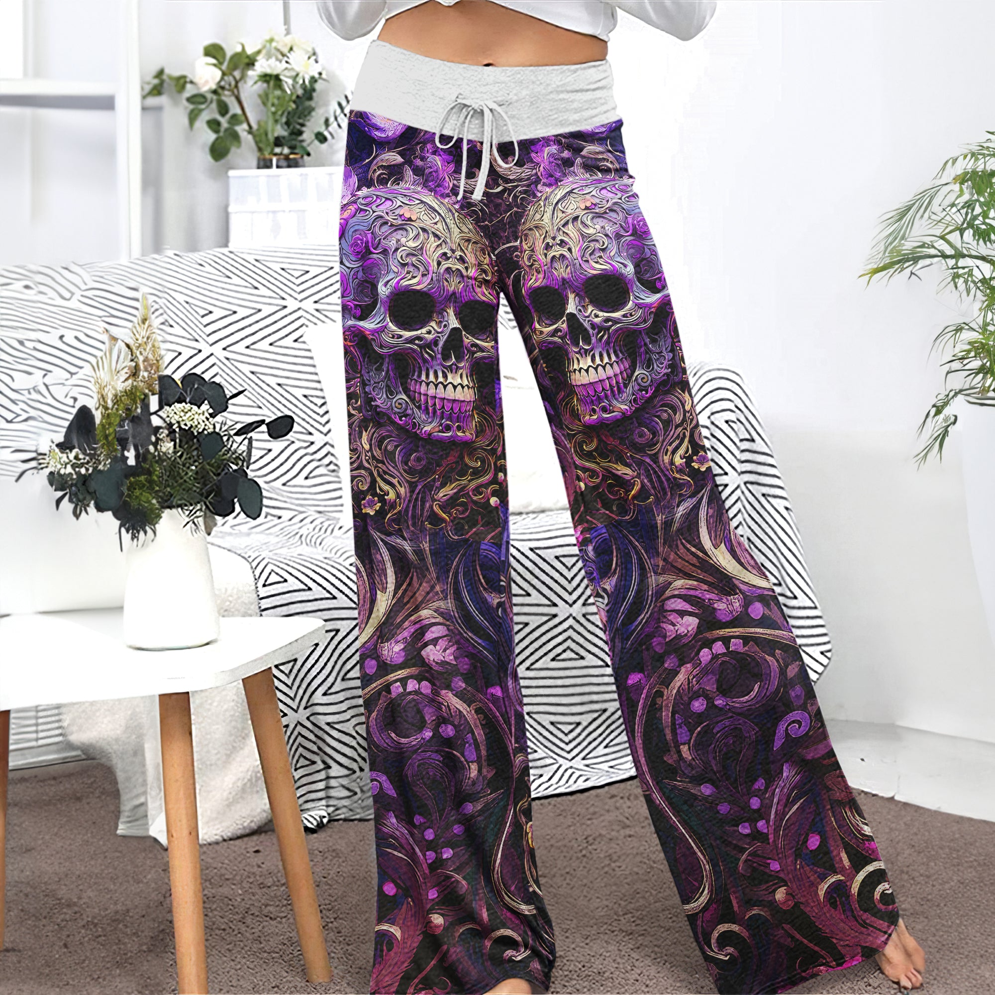 Violet Skull Floral Ornament Women's High-waisted Wide Leg Pants | Wonder Skull