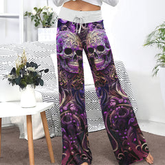 Violet Skull Floral Ornament Women's High-waisted Wide Leg Pants | Wonder Skull
