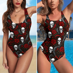 One Piece Bikini Scarlet Roses Skull Floral Print Swimwear