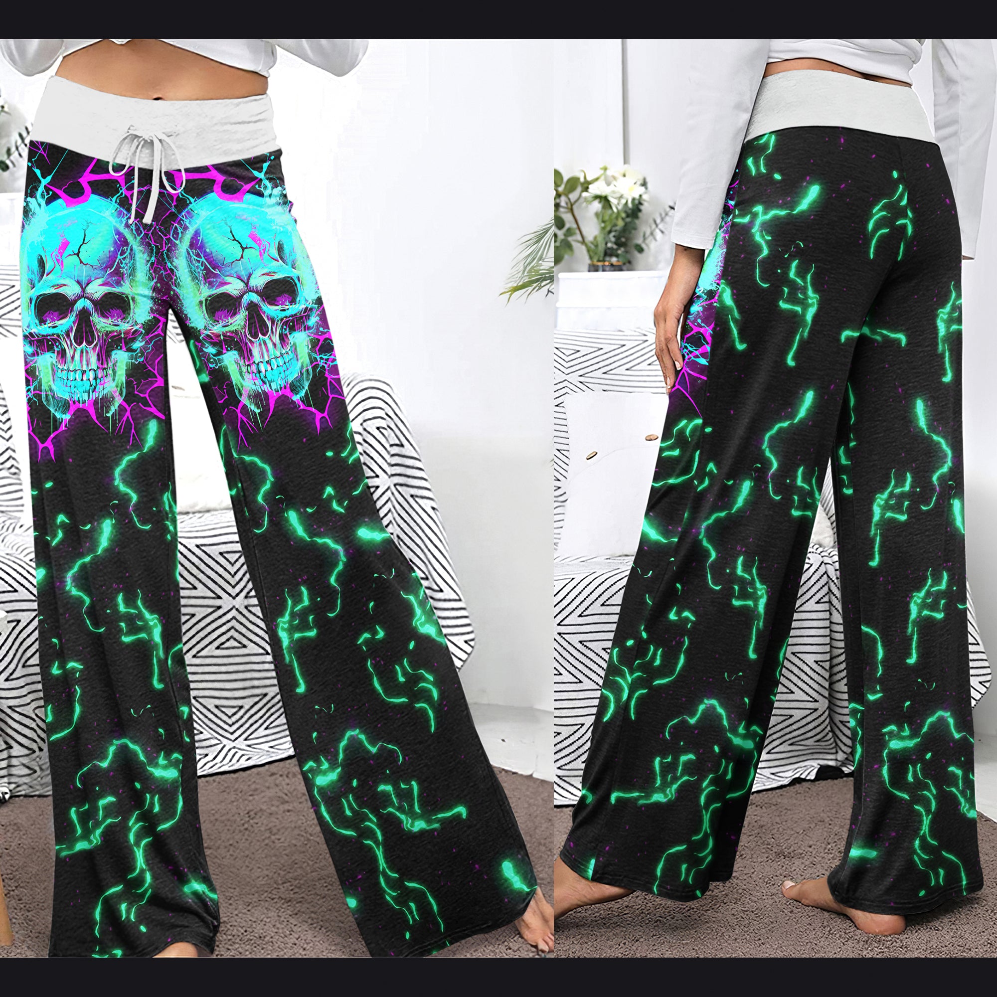 Electric Cyan Skull Women's High-waisted Wide Leg Pants | Wonder Skull