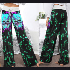 Electric Cyan Skull Women's High-waisted Wide Leg Pants | Wonder Skull