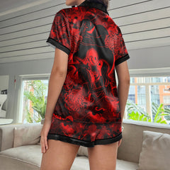 Red Midnight Romance Women's Pajama Sets Top Sleeve & Short Bottom