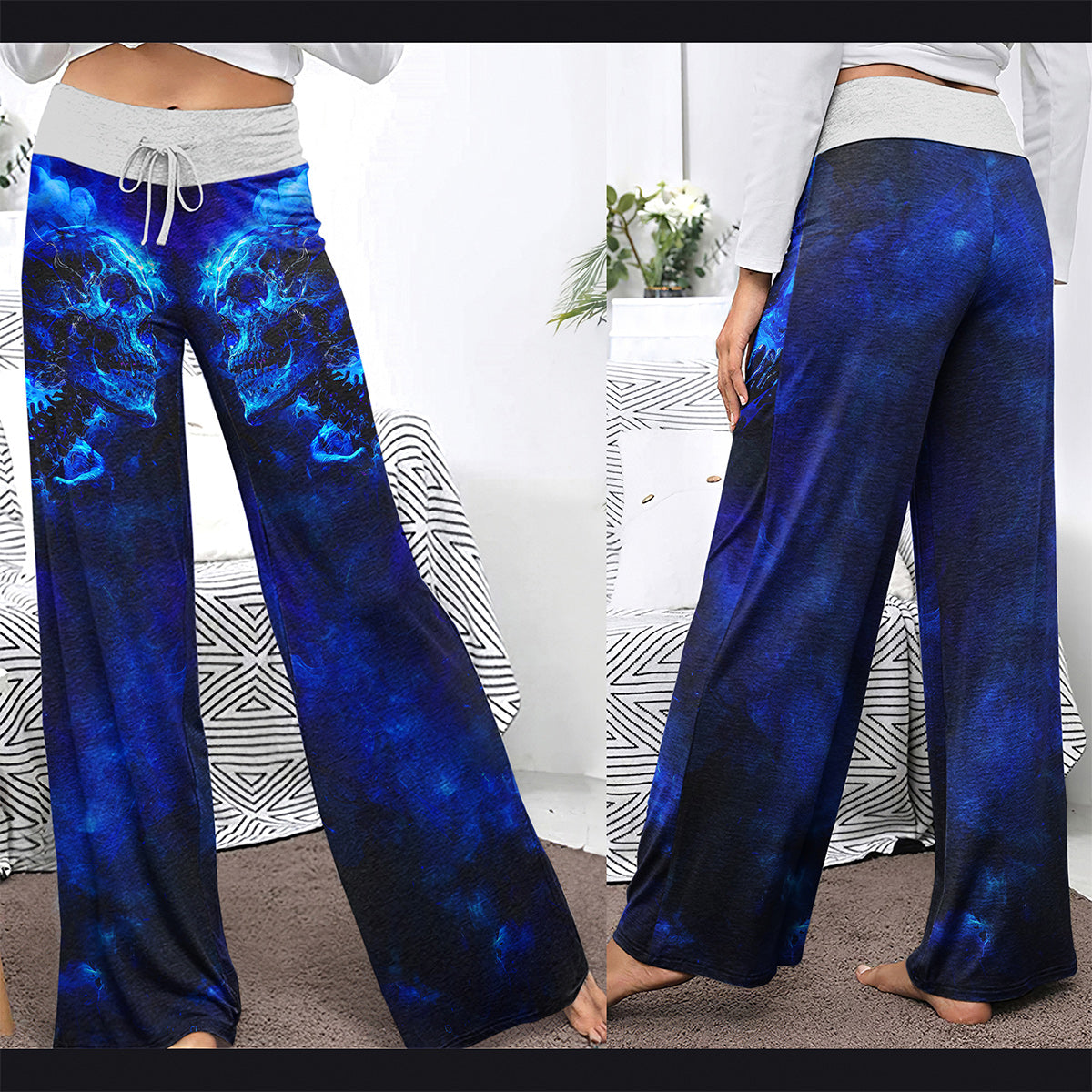 Blue Skull Art Abstract Women's High-waisted Wide Leg Pants | Wonder Skull