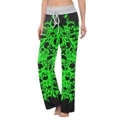 Black Green Skull Pattern Women's High-waisted Wide Leg Pants | Wonder Skull