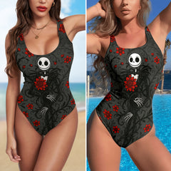 One Piece Bikini Gothic Romance Skeleton Print Swimwear