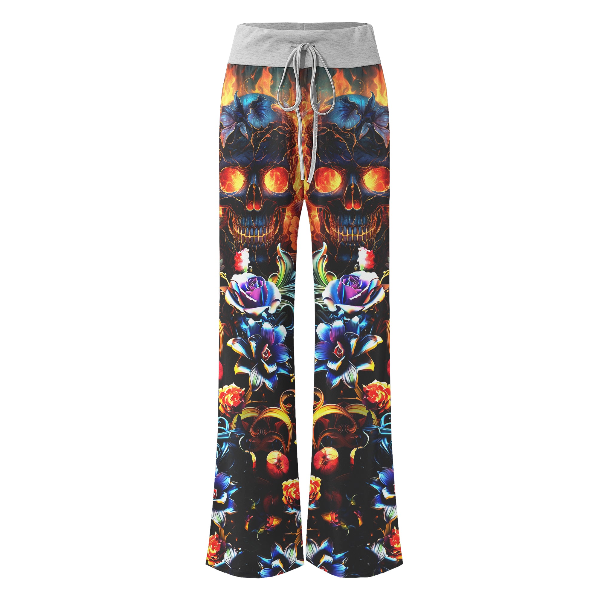 Fire Skull Floral Art Women's High-waisted Wide Leg Pants | Wonder Skull