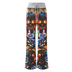 Fire Skull Floral Art Women's High-waisted Wide Leg Pants | Wonder Skull