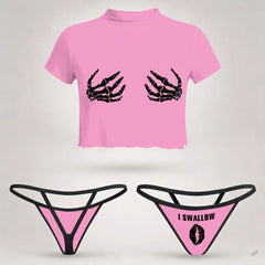 Pink Bone Embrace Mesh Lettuce Edge Crop Top Thong Set