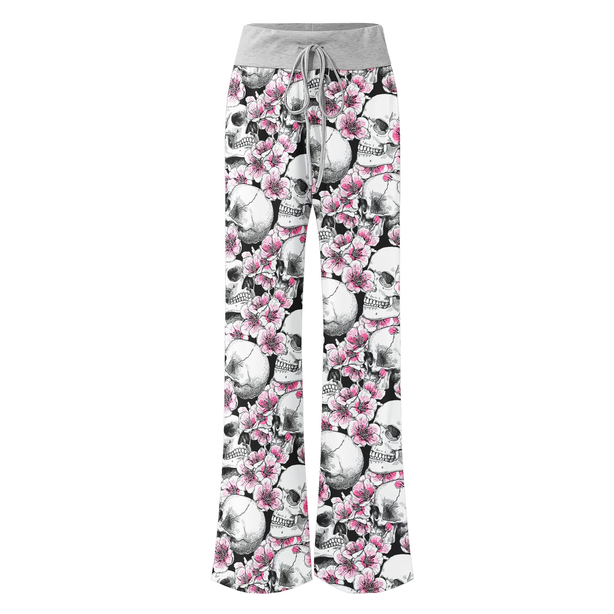 Pink Pastel Floral Skull Women's High-waisted Wide Leg Pants | Wonder Skull