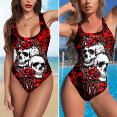One Piece Bikini Skulls Red Rose Gothic Print Swimwear