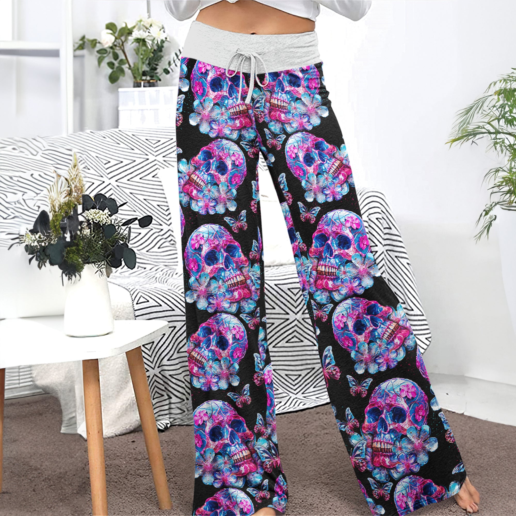 Skull Crystal Butterfly Women's High-waisted Wide Leg Pants | Wonder Skull