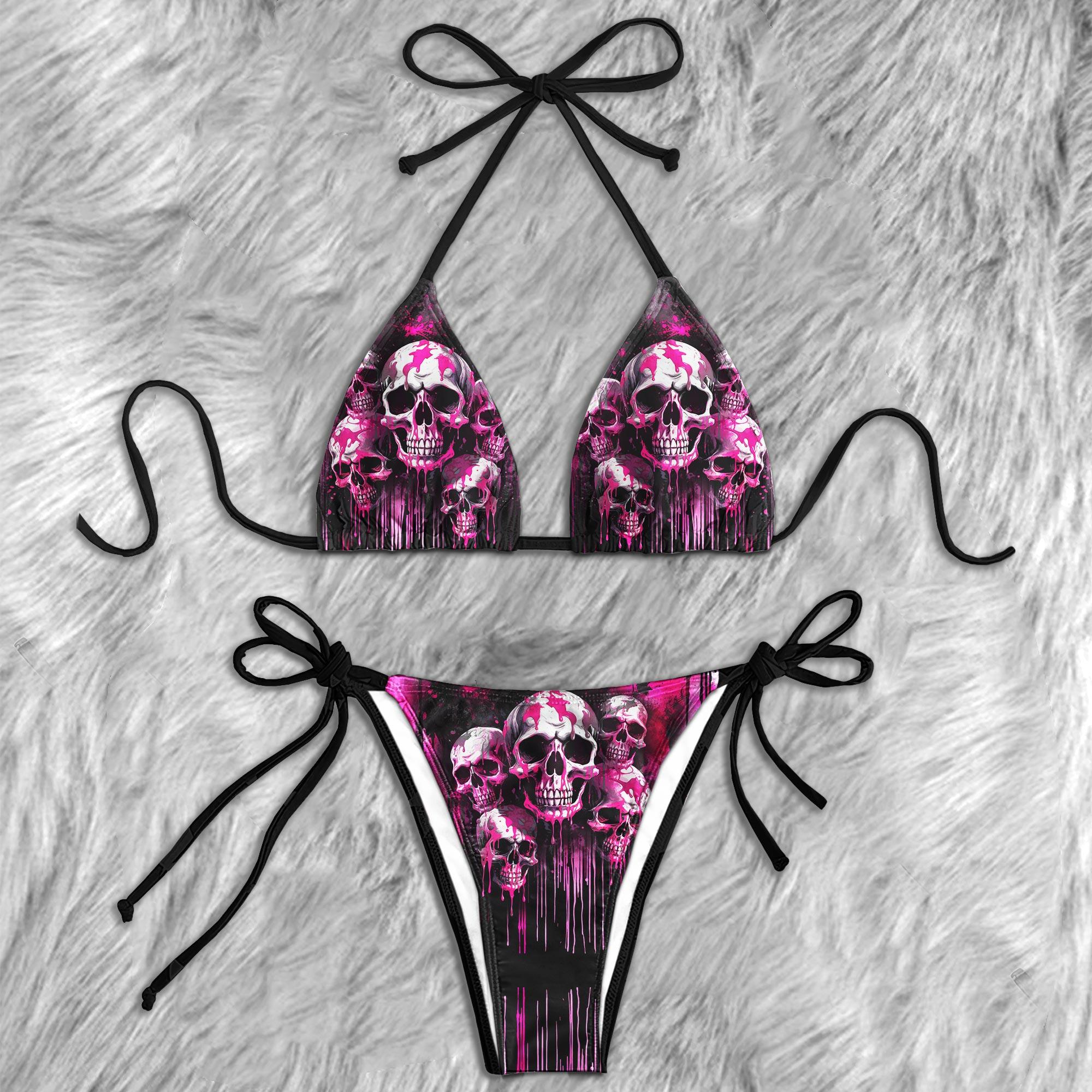 Pink Skull Melting Micro Triangle Bikini Swimsuit - Wonder Skull