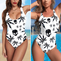 One Piece Bikini Black Pastel Bones Leaf Print Swimwear
