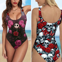One Piece Bikini Dark Romance Skull & Rose Print Swimwear