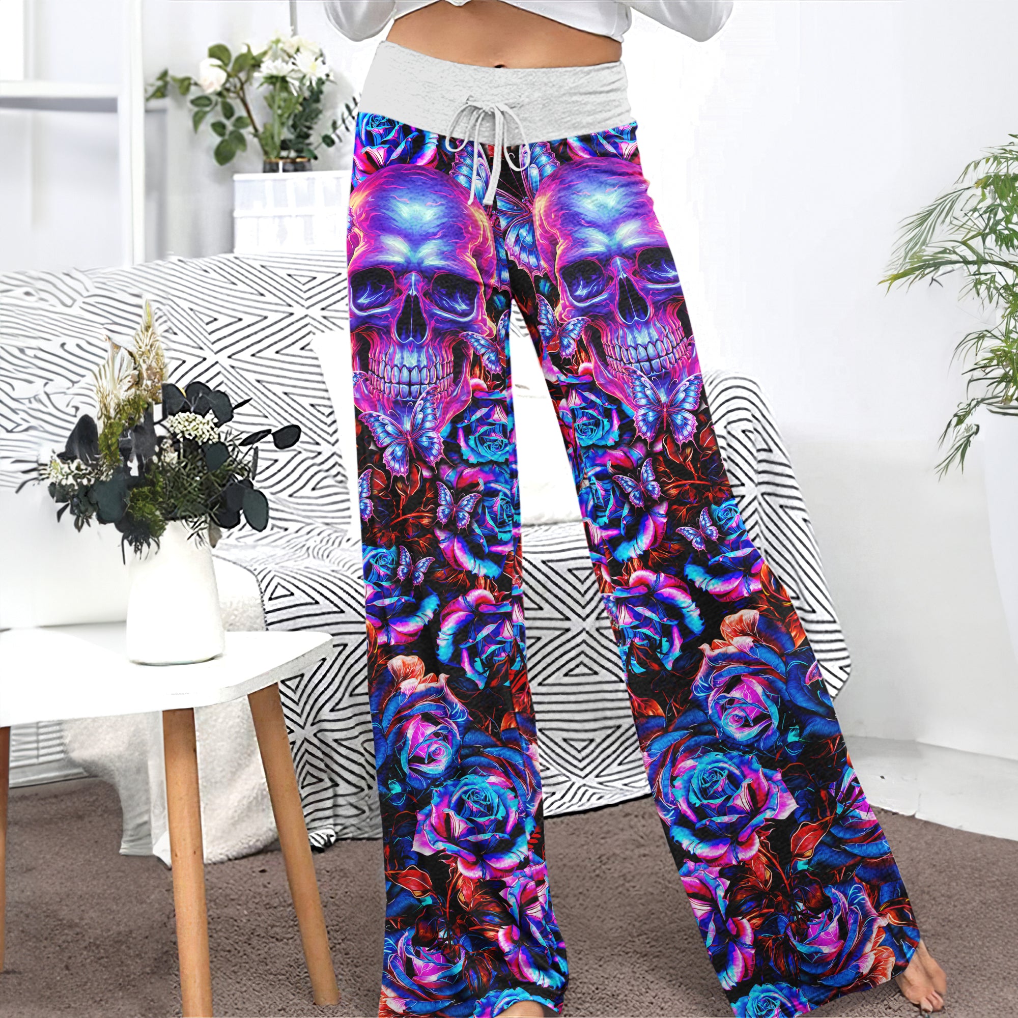 Skull Rose Art Women's High-waisted Wide Leg Pants | Wonder Skull