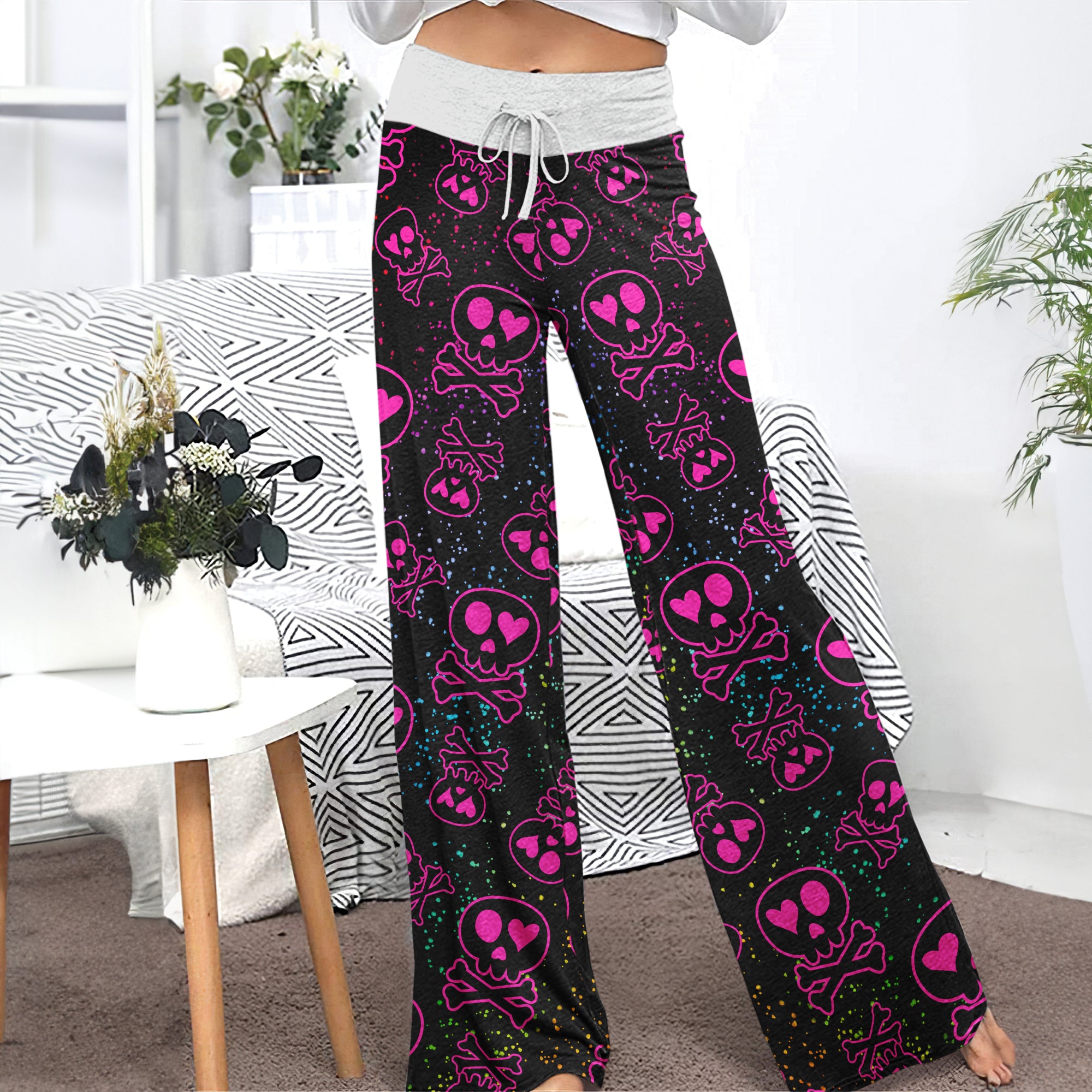 Pink Skull Love Pattern Women's High-waisted Wide Leg Pants | Wonder Skull
