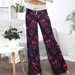 Pink Skull Love Pattern Women's High-waisted Wide Leg Pants | Wonder Skull