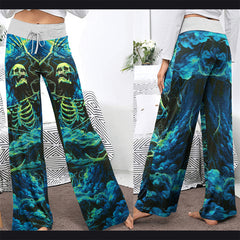 Skull Art Smoke Cyan Women's High-waisted Wide Leg Pants | Wonder Skull