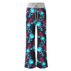 Cyan Skull Rose Gothic Women's High-waisted Wide Leg Pants | Wonder Skull