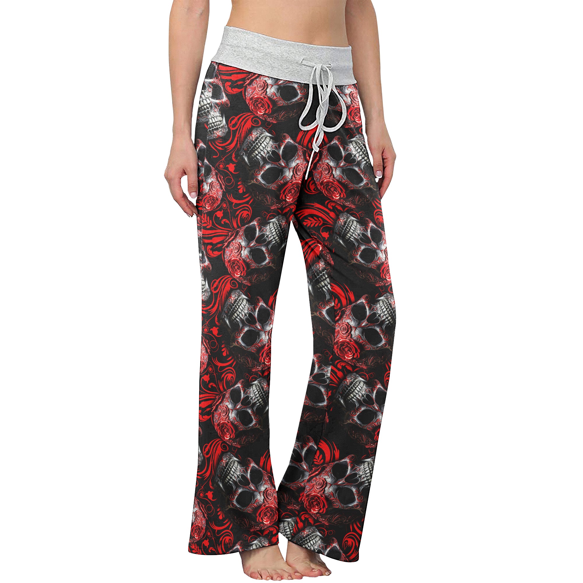 Red Skull Ornament Gothic Women's High-waisted Wide Leg Pants | Wonder Skull