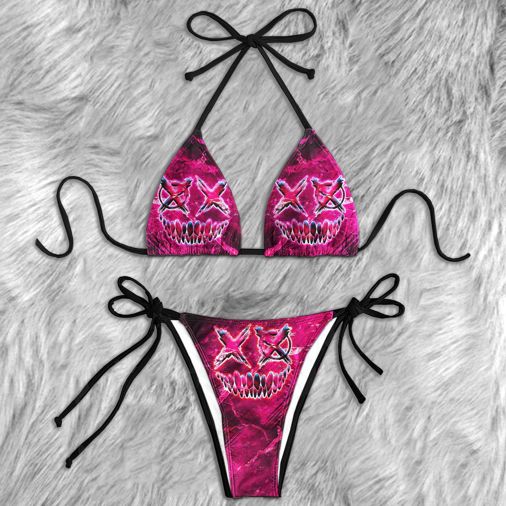 Pink Neo Psycho Skull Micro Triangle Bikini Swimsuit - Wonder Skull