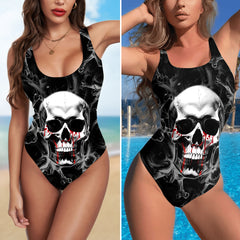 One Piece Bikini Bleeding Skull Smoke Print Swimwear