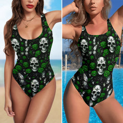 One Piece Bikini Emerald Skull Garden Print Swimwear