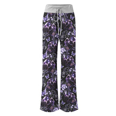 Dark Violet Skull Floral Women's High-waisted Wide Leg Pants | Wonder Skull