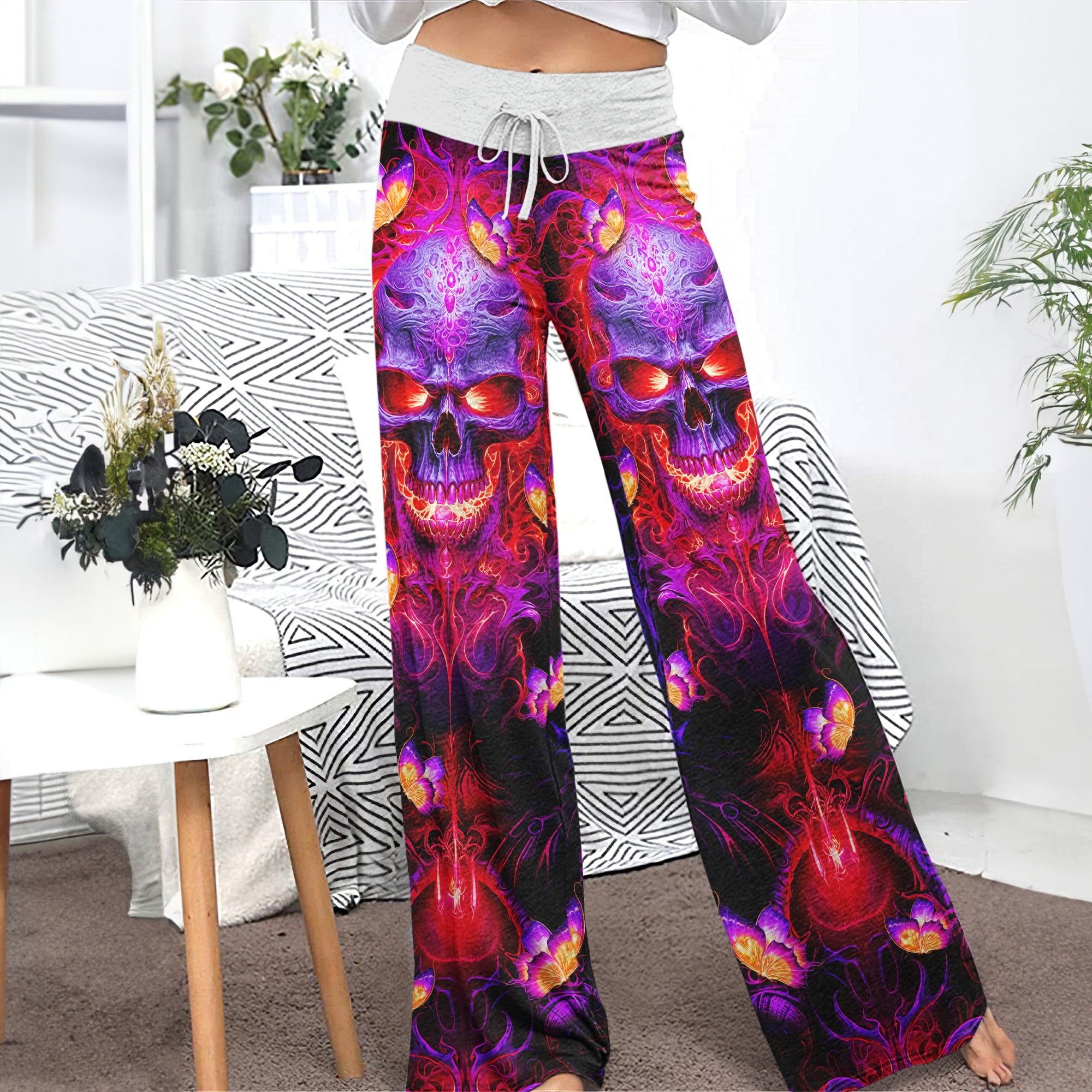Purple Red Skull Butterfly Women's High-waisted Wide Leg Pants | Wonder Skull