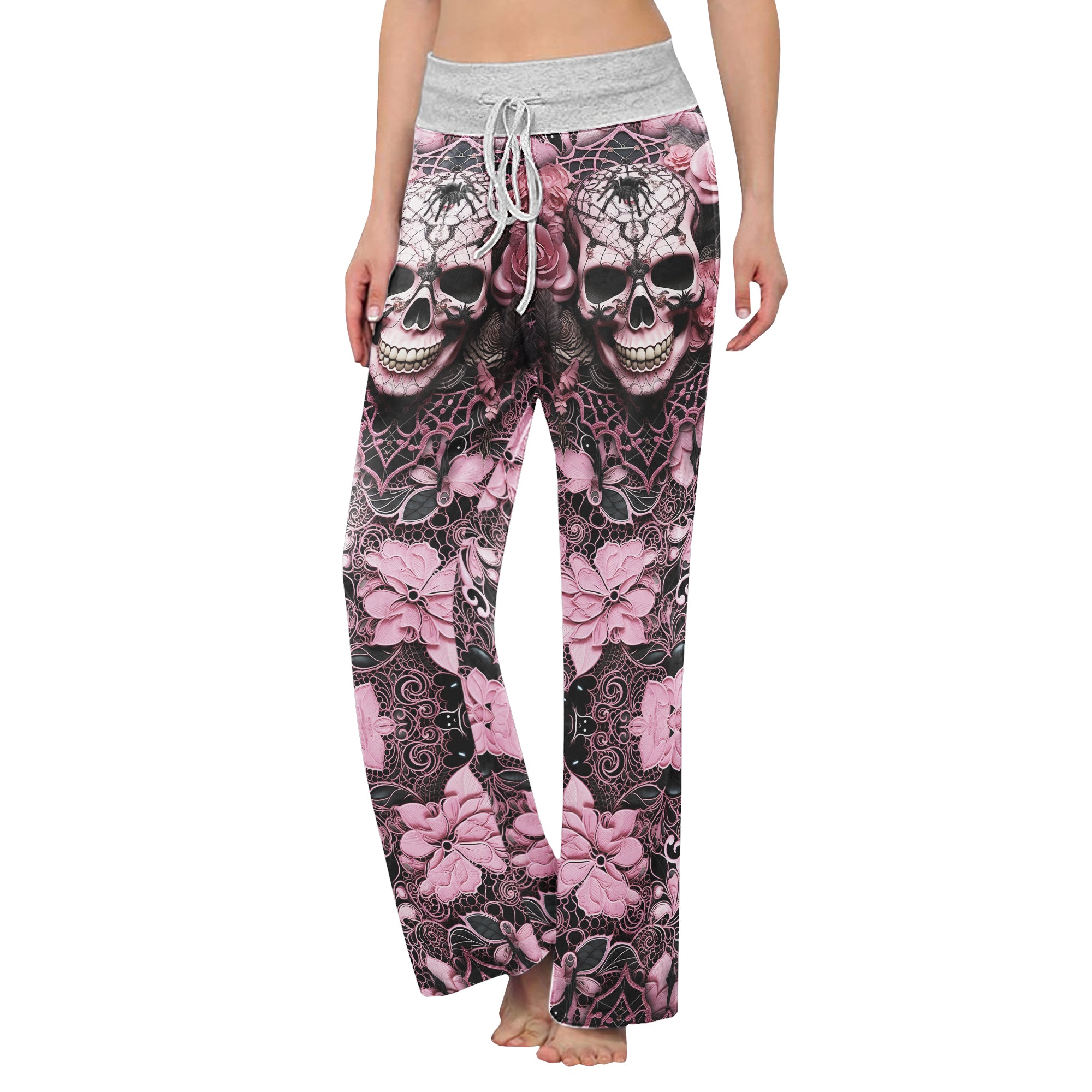Black Pink Skull Lace Women's High-waisted Wide Leg Pants | Wonder Skull