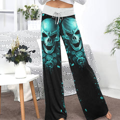 Cyan Skull Abstract Rose Women's High-waisted Wide Leg Pants | Wonder Skull