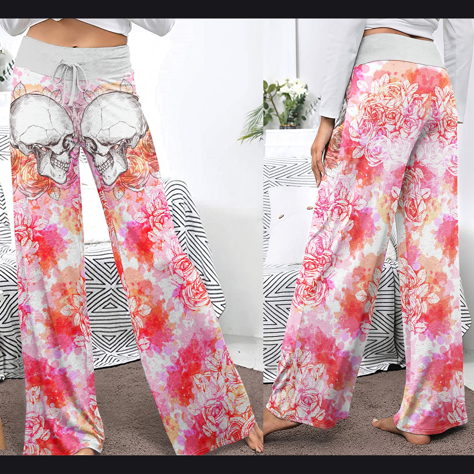 Pink Floral Skull Women's High-waisted Wide Leg Pants | Wonder Skull