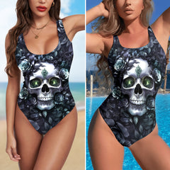 One Piece Bikini Gothic Rose Skull Print Swimwear