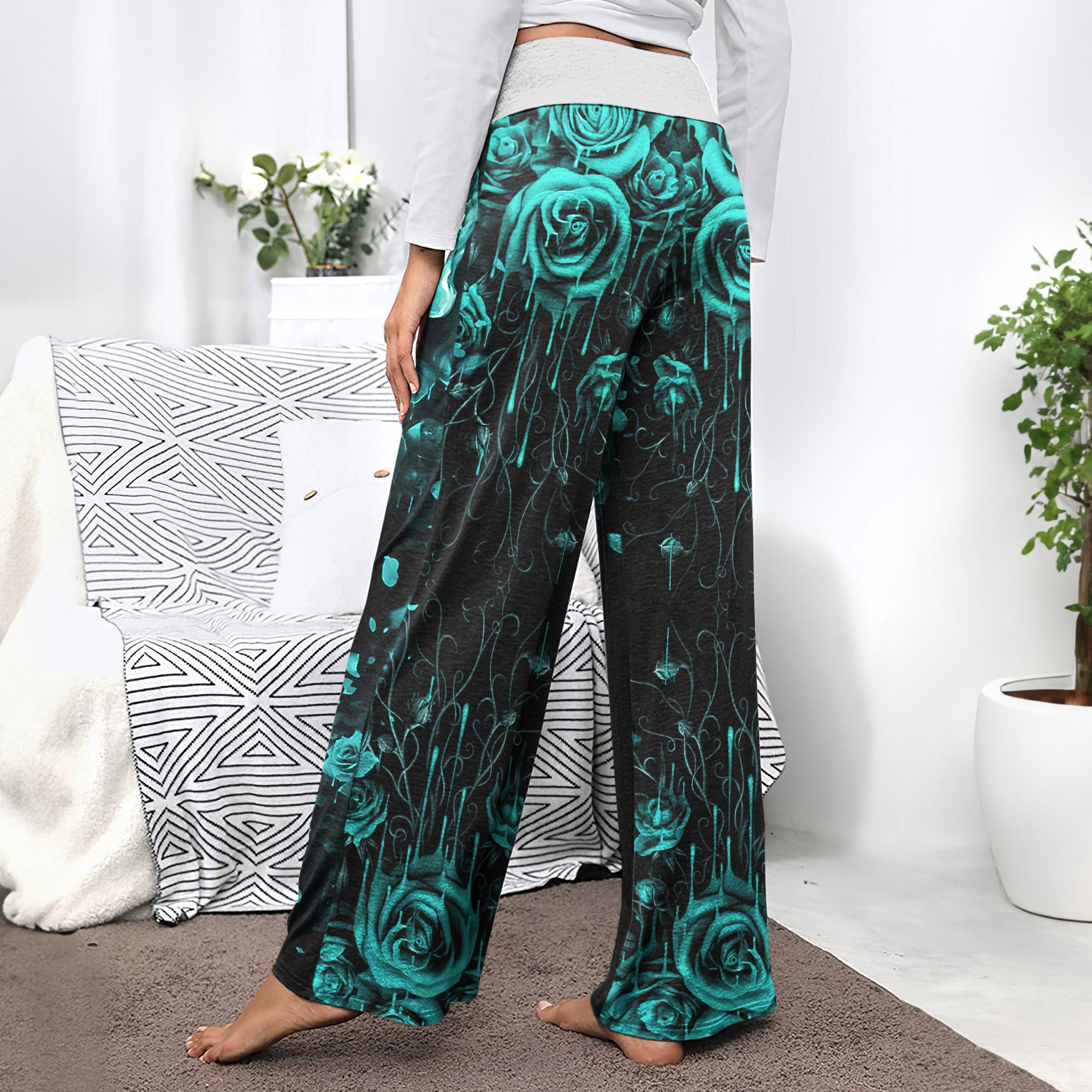Cyan Skull Abstract Rose Women's High-waisted Wide Leg Pants | Wonder Skull