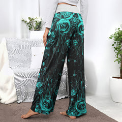Cyan Skull Abstract Rose Women's High-waisted Wide Leg Pants | Wonder Skull